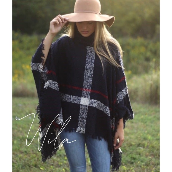 WILA Sweaters - LAST CHANCE❄️Plaid poncho black turtleneck sweater